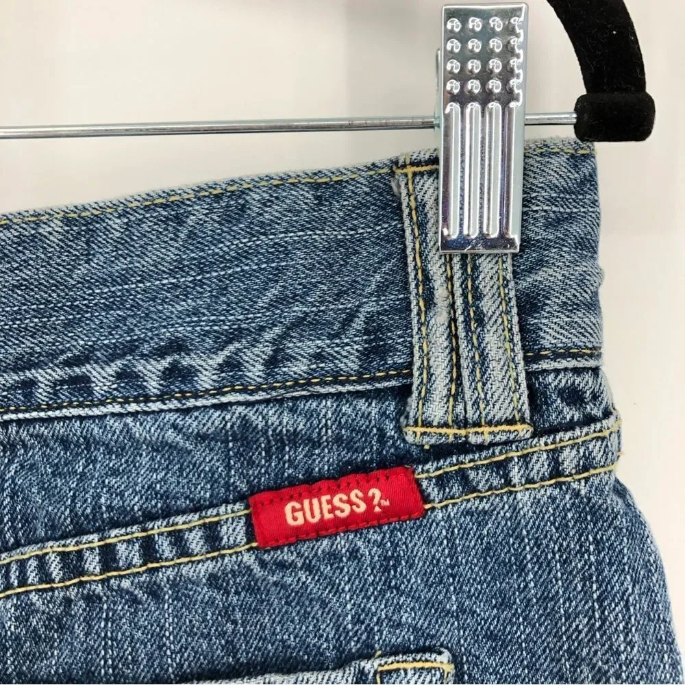 Vtg Guess Jeans Y2K Denim Mini Skirt Womens 28 Gold Sequins Cutoff Destructed‎